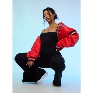 NEW PLT Black Ribbed Strappy Square Neck Flared Jumpsuit Streetwear Chic Medium